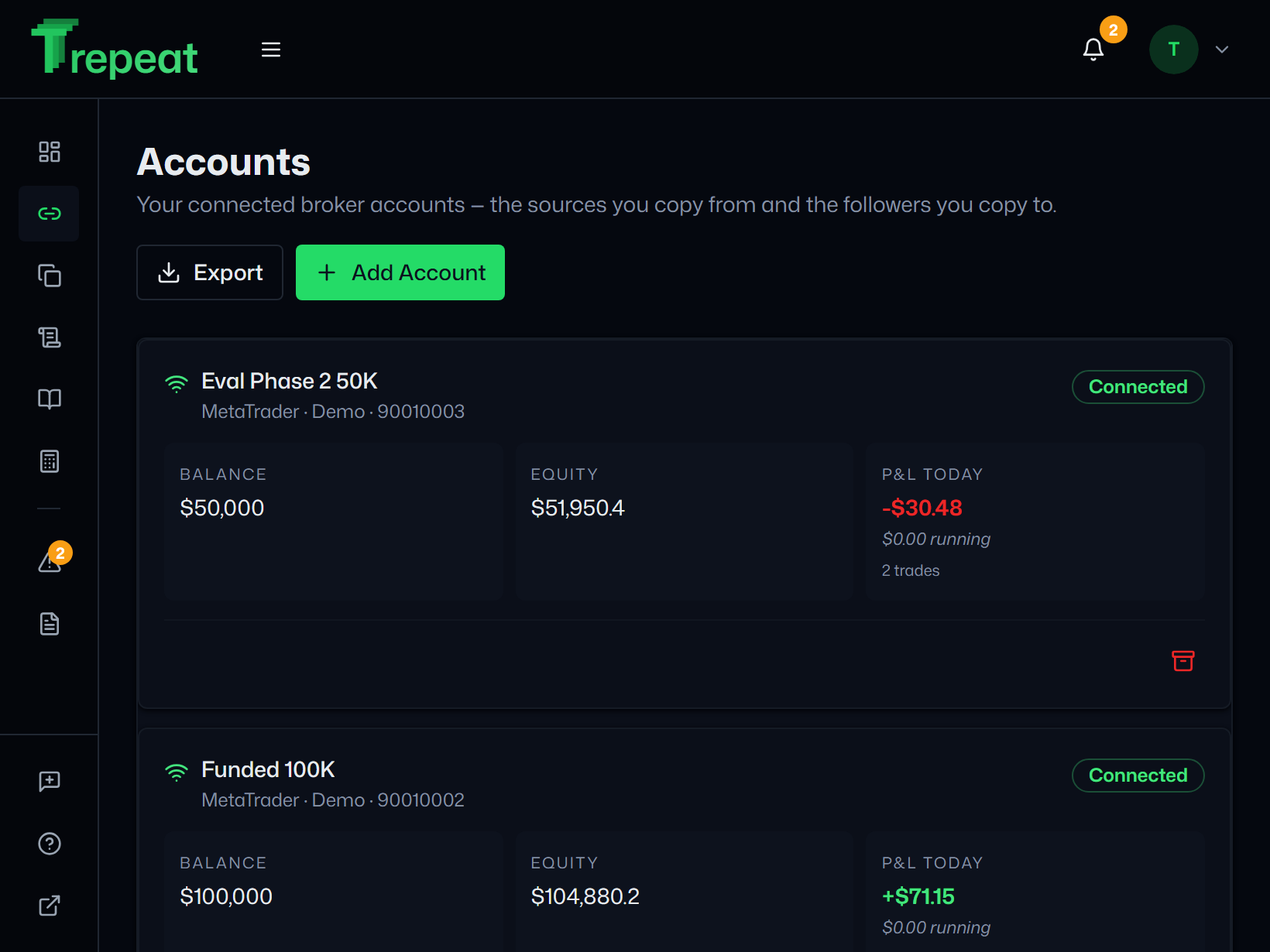 Trepeat Accounts screen