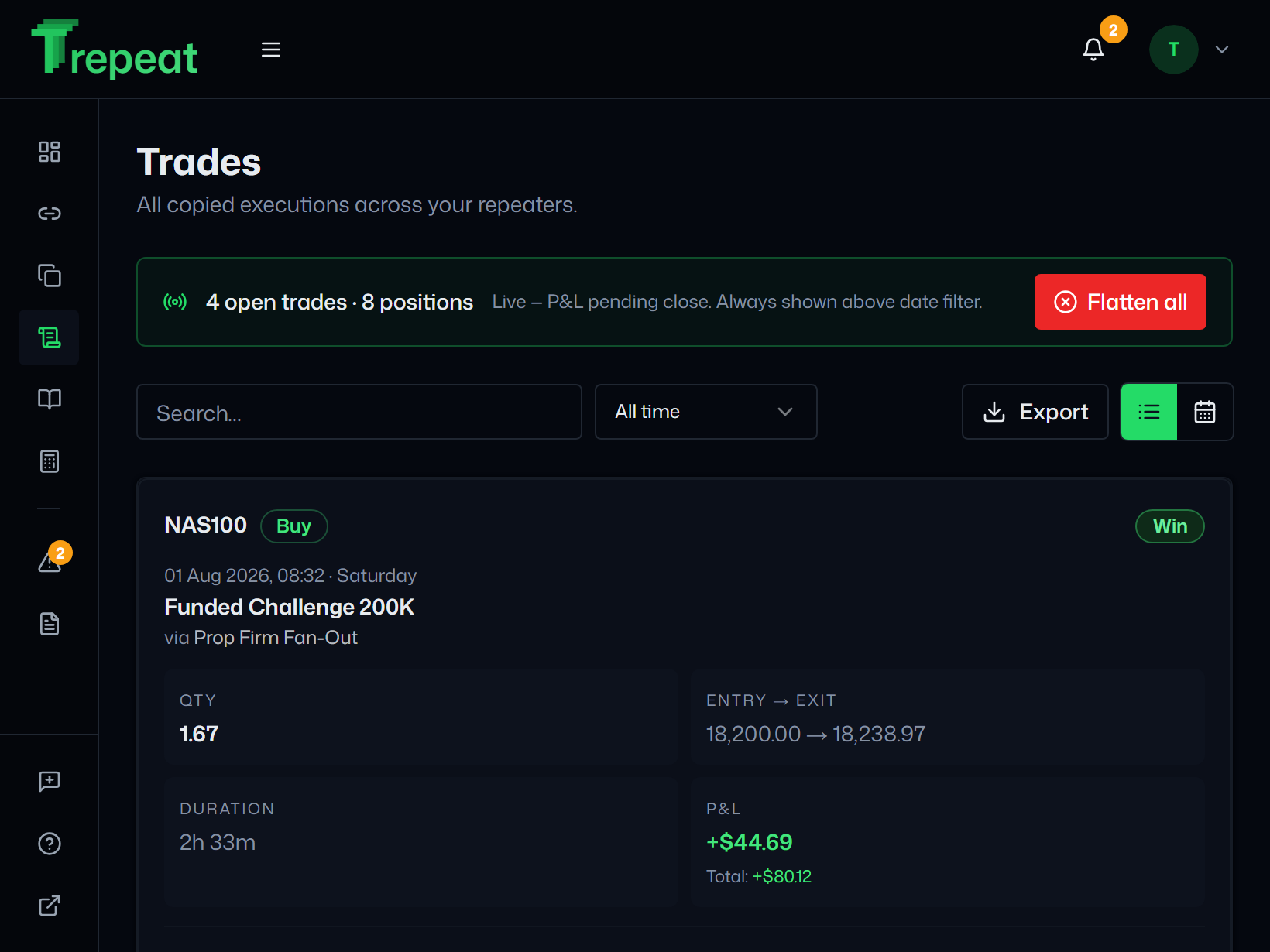 Trepeat Trades screen